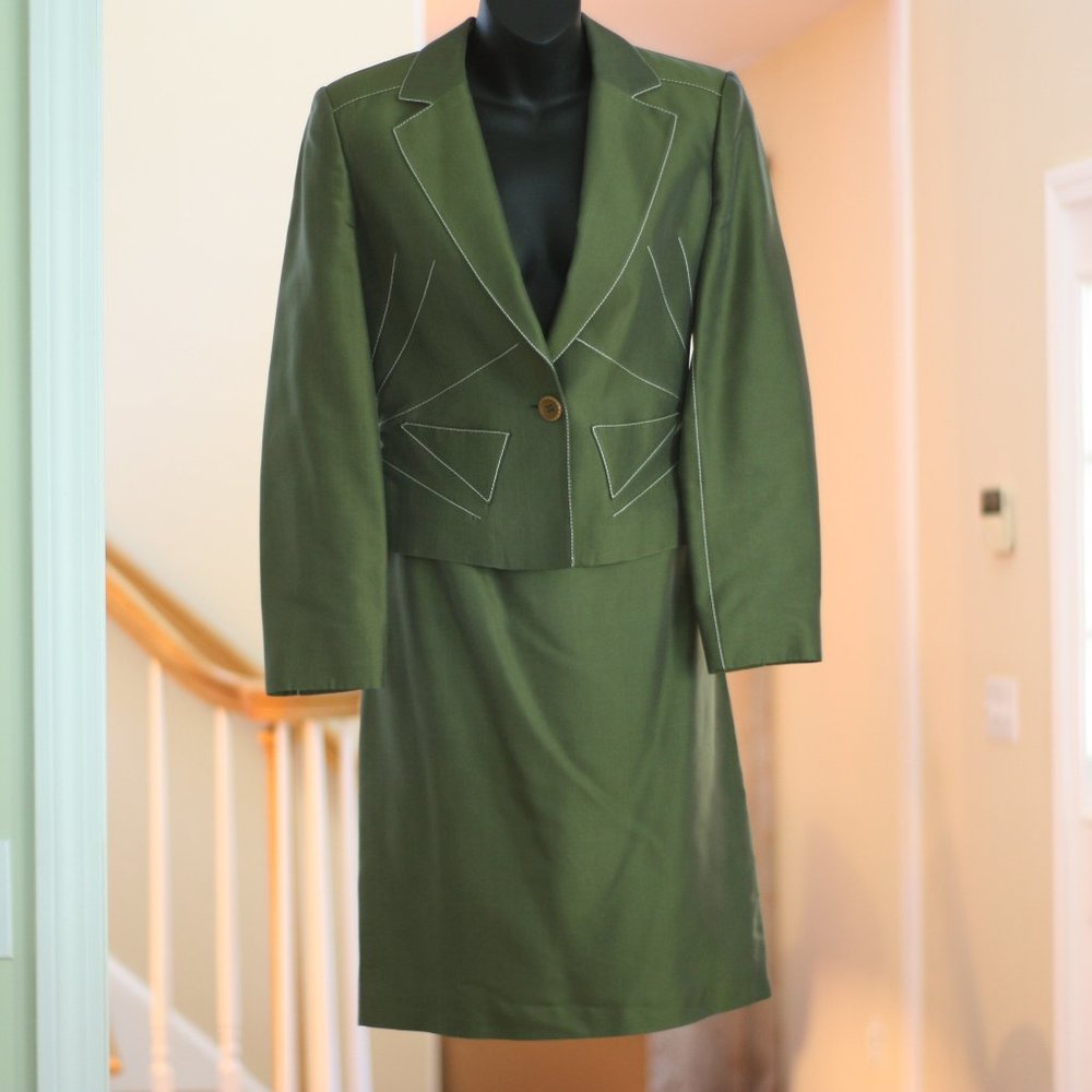LUCA LUCA Two Piece Avocado Green Silk Skirt Suit
